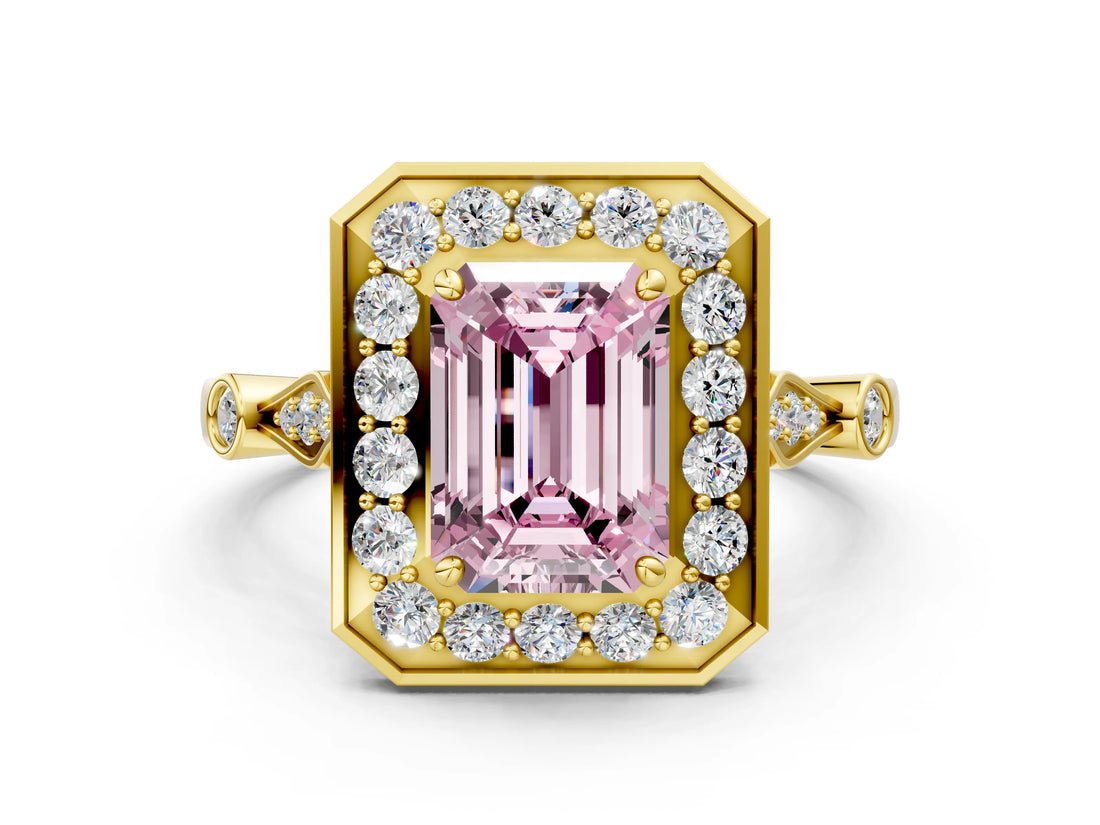 Yellow gold Fancy Pink Emerald  Halo Diamond Engagement Ring with Twisted Band and Four-Prong Setting 1