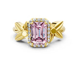 Yellow gold Fancy Pink Emerald  Halo Diamond Floral Band with Four-Prong Setting_56