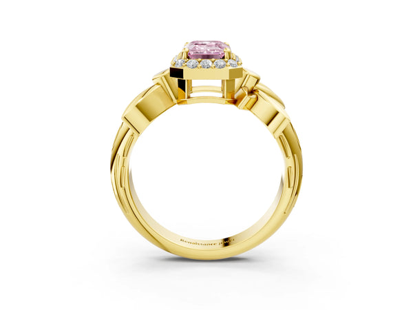 Yellow Gold Emerald Cut Halo Engagement Ring Setting for Fancy Pink Center with Leaf Band