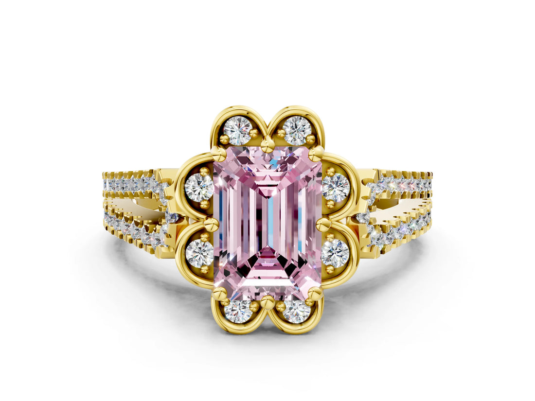 Yellow gold Fancy Pink Emerald  Halo Diamond Floral Split Shank Engagement Ring 1