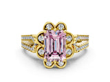 Yellow gold Fancy Pink Emerald  Halo Diamond Floral Split Shank Engagement Ring 1