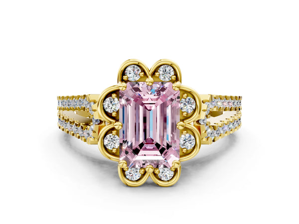Yellow gold Fancy Pink Emerald  Halo Diamond Floral Split Shank Engagement Ring