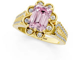 Yellow gold Fancy Pink Emerald  Halo Diamond Floral Split Shank Engagement Ring 2