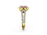 Yellow gold Fancy Pink Emerald  Halo Diamond Floral Split Shank Engagement Ring 3