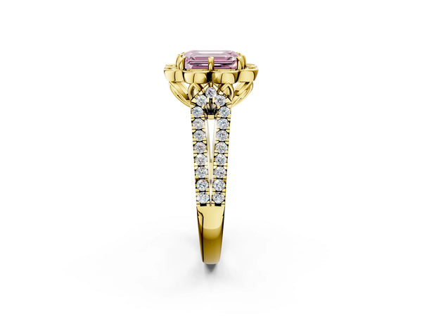 Yellow gold Fancy Pink Emerald  Halo Diamond Floral Split Shank Engagement Ring