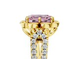 Yellow gold Fancy Pink Emerald  Halo Diamond Floral Split Shank Engagement Ring