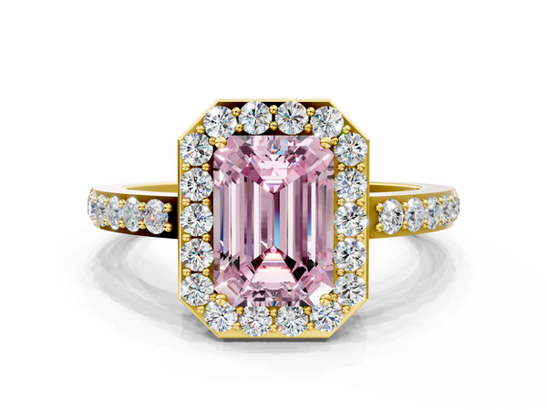 Yellow gold Fancy Pink Emerald  Halo Diamond Pavé Band Ring with Prong Setting