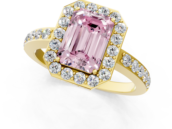 Yellow gold Fancy Pink Emerald  Halo Diamond Pavé Band Ring with Prong Setting