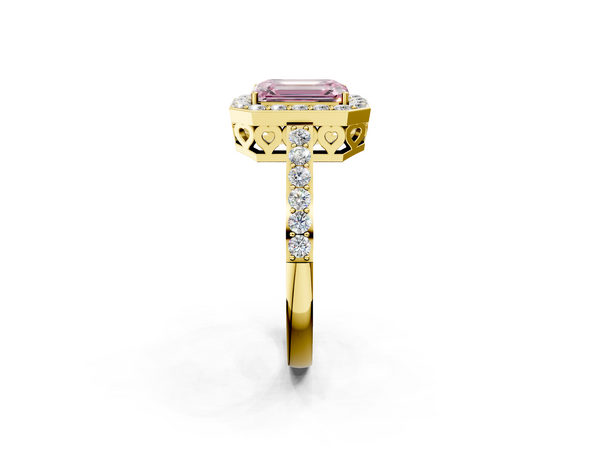 Yellow gold Fancy Pink Emerald  Halo Diamond Pavé Band Ring with Prong Setting