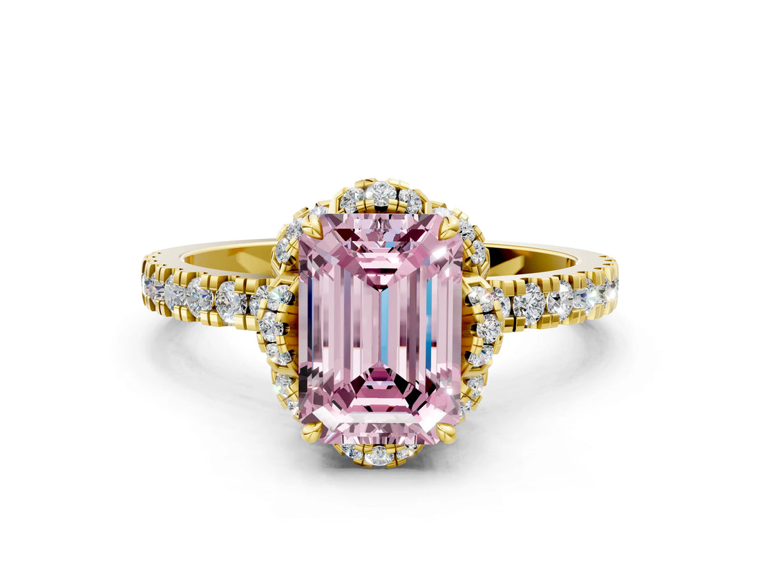 Yellow gold Fancy Pink Emerald  Halo Diamond Pave Band Ring with Four-Prong Setting_15