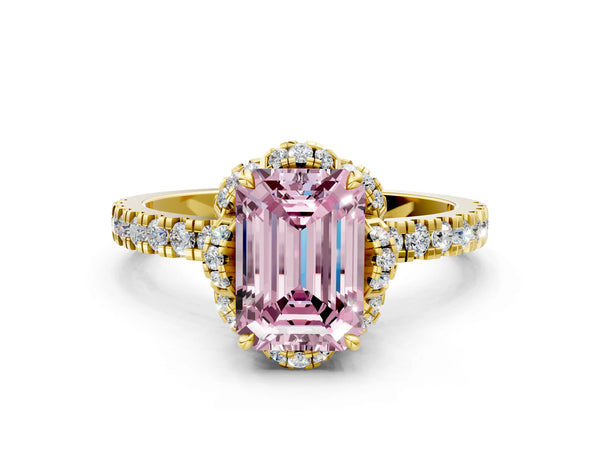 Yellow gold Fancy Pink Emerald  Halo Diamond Pave Band Ring with Four-Prong Setting