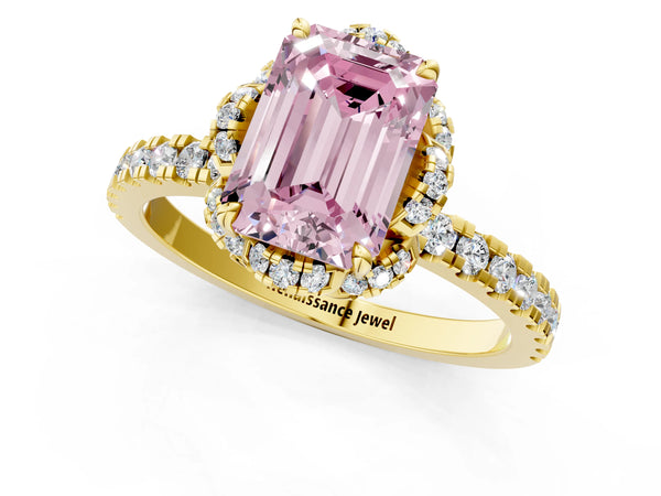 Yellow gold Fancy Pink Emerald  Halo Diamond Pave Band Ring with Four-Prong Setting