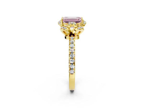 Yellow gold Fancy Pink Emerald  Halo Diamond Pave Band Ring with Four-Prong Setting