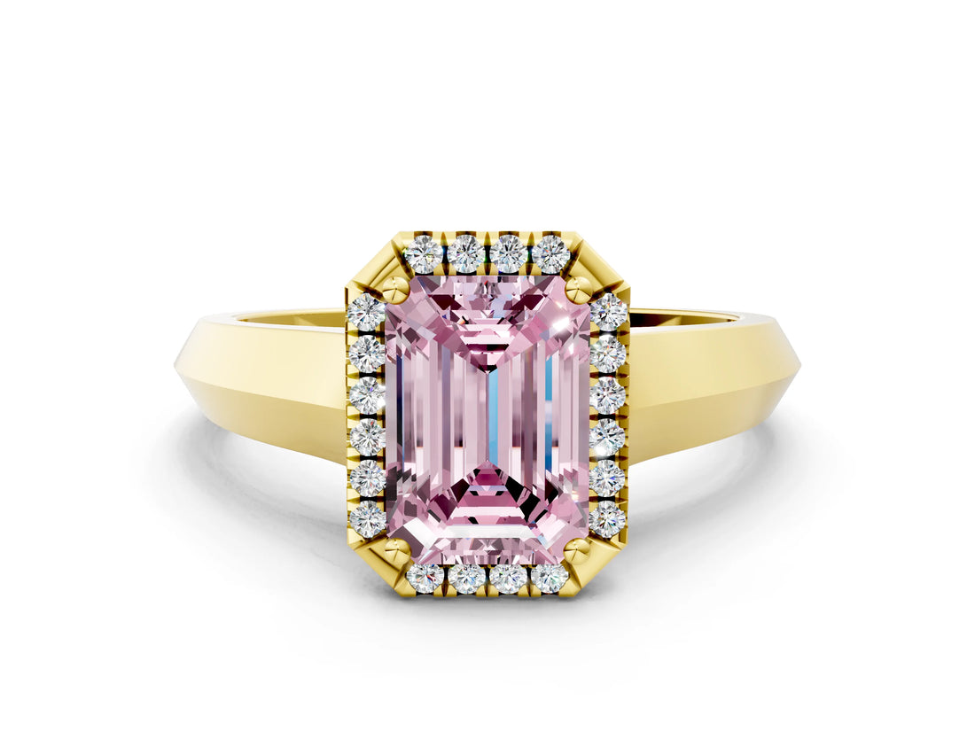 Yellow gold Fancy Pink Emerald  Halo Diamond Ring with Cathedral Band and Four-Prong Setting_49