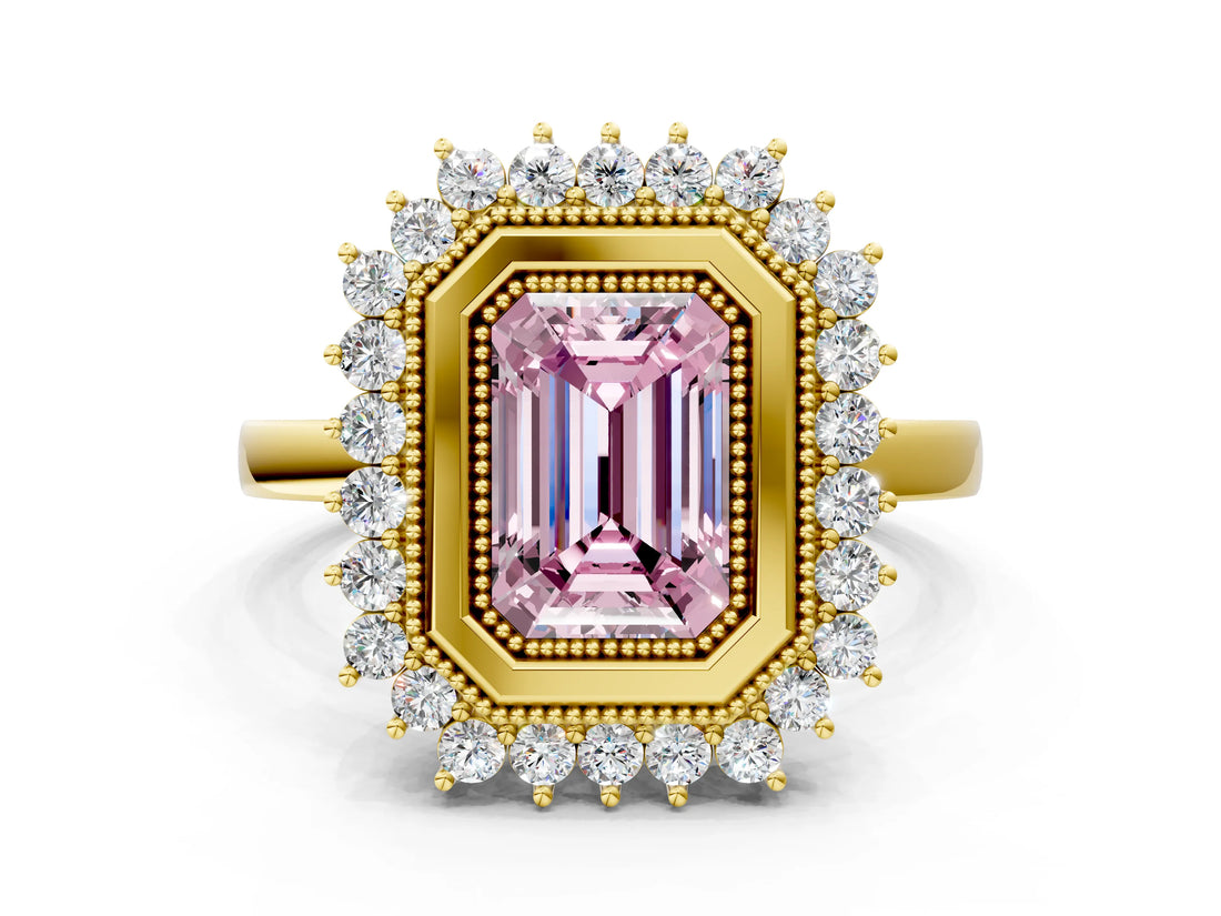 Yellow gold Fancy Pink Emerald  Halo Diamond Ring with Milgrain Edge and Round Prong Setting_26