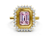 Yellow gold Fancy Pink Emerald  Halo Diamond Ring with Milgrain Edge and Round Prong Setting_26