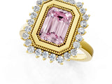 Yellow gold Fancy Pink Emerald  Halo Diamond Ring with Milgrain Edge and Round Prong Setting_27