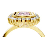 Yellow gold Fancy Pink Emerald  Halo Diamond Ring with Milgrain Edge and Round Prong Setting_30