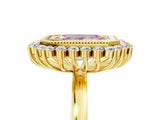 Yellow gold Fancy Pink Emerald  Halo Diamond Ring with Milgrain Edge and Round Prong Setting_31