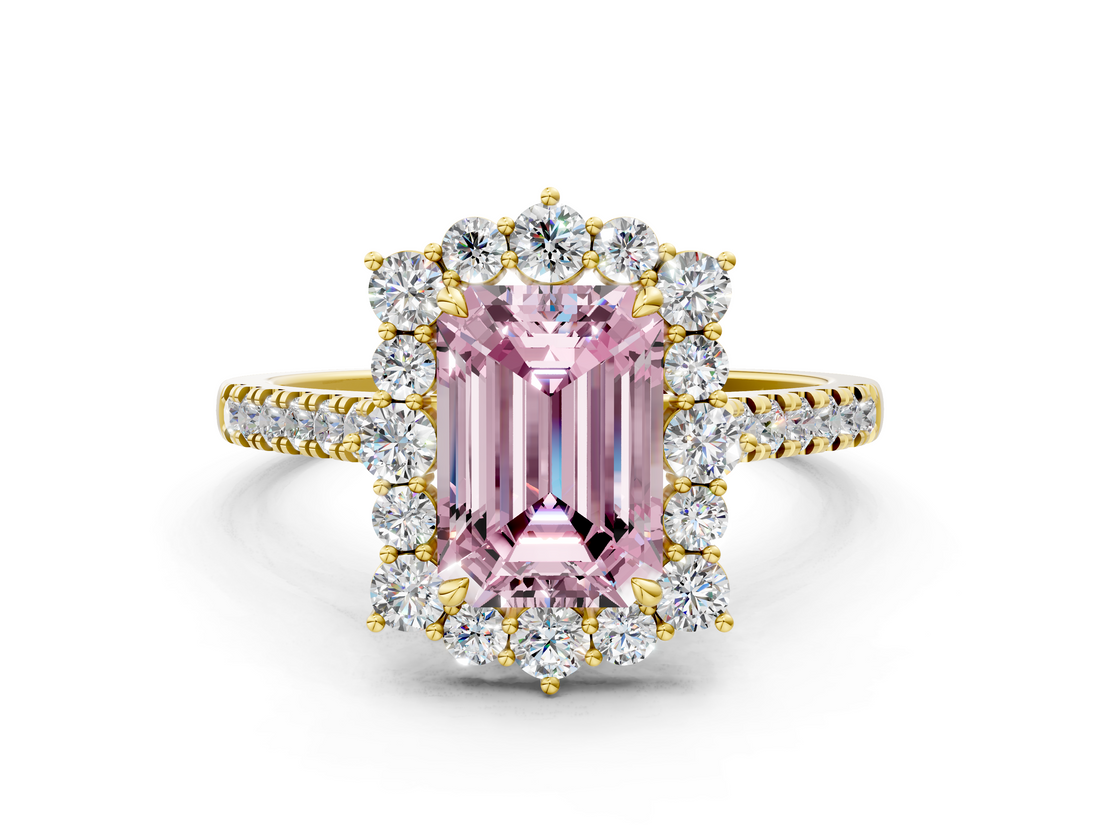 Yellow gold Fancy Pink Emerald  Halo Diamond Ring with Pavé Band and Prong Setting_20
