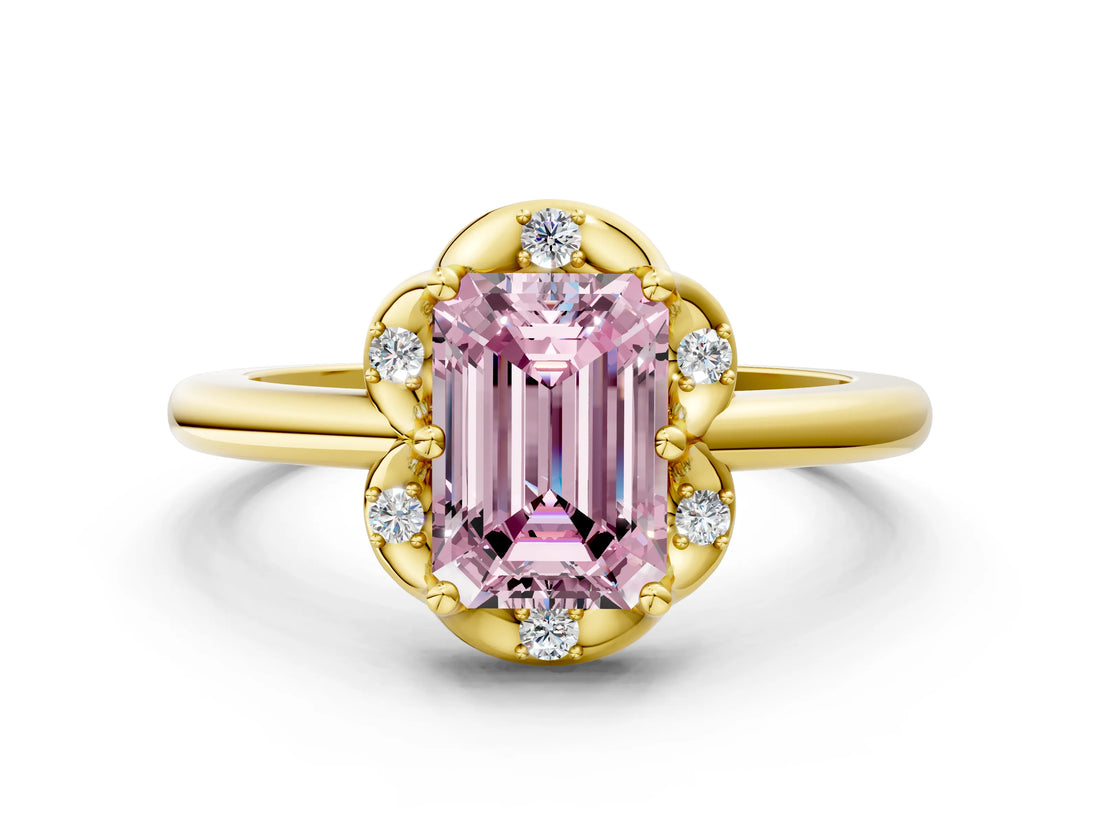 Yellow gold Fancy Pink Emerald  Halo Diamond Ring with Round Cluster Setting, Solitaire Band, and Four-Prong Setting_47