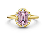Yellow gold Fancy Pink Emerald  Halo Diamond Ring with Round Cluster Setting, Solitaire Band, and Four-Prong Setting_47