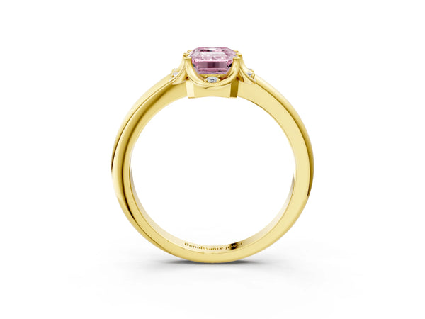 Yellow Gold Emerald Cut Scalloped Petal Halo Engagement Ring Setting for Fancy Pink Center
