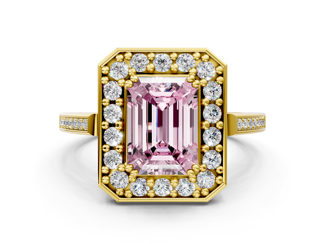 Yellow gold Fancy Pink Emerald  Halo Diamond Ring with Split Shank and Four-Prong Setting_49