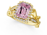 Yellow gold Fancy Pink Emerald  Halo Diamond Ring with Vintage Split Shank and Four-Prong Setting_21
