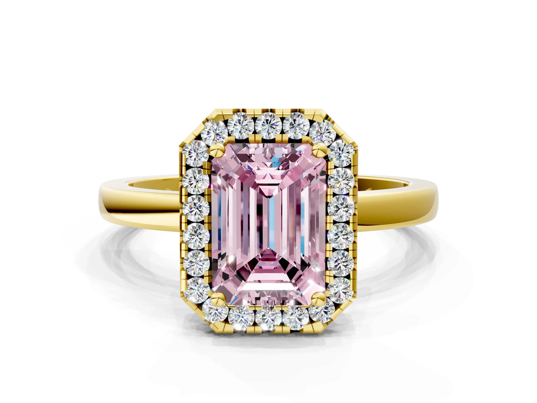 Yellow gold Fancy Pink Emerald  Halo Diamond Solitaire with Pavé Band and Four-Prong Setting_71