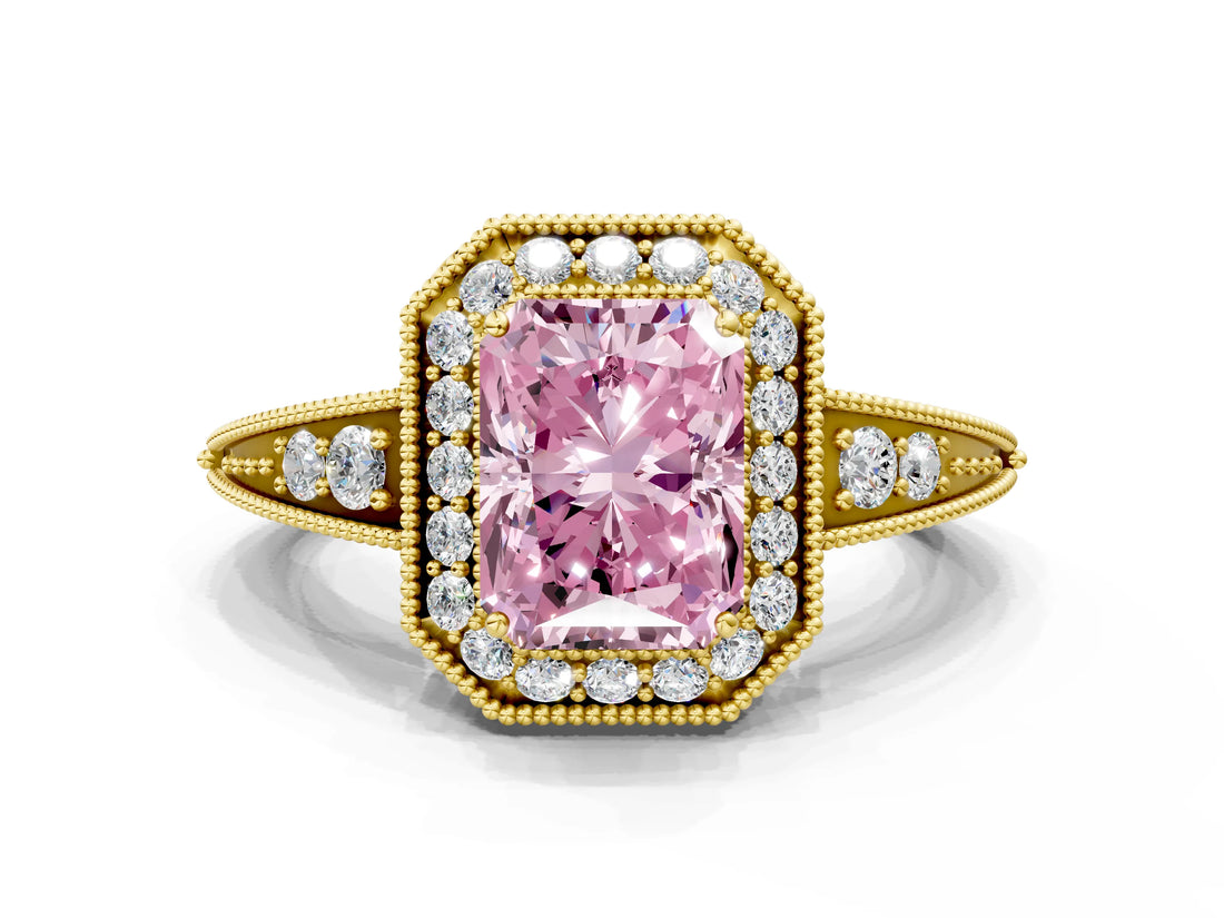 Yellow gold Fancy Pink Emerald  Halo Diamond Split Shank Ring with Milgrain Detail_49