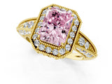 Yellow gold Fancy Pink Emerald  Halo Diamond Split Shank Ring with Milgrain Detail_50