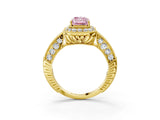 Yellow gold Fancy Pink Emerald  Halo Diamond Split Shank Ring with Milgrain Detail_52