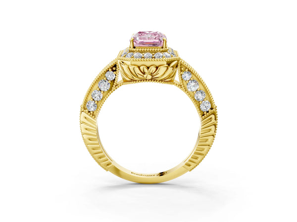 Yellow gold Fancy Pink Emerald  Halo Diamond Split Shank Ring with Milgrain Detail