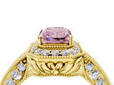 Yellow gold Fancy Pink Emerald  Halo Diamond Split Shank Ring with Milgrain Detail_53