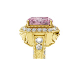 Yellow gold Fancy Pink Emerald  Halo Diamond Split Shank Ring with Milgrain Detail_54