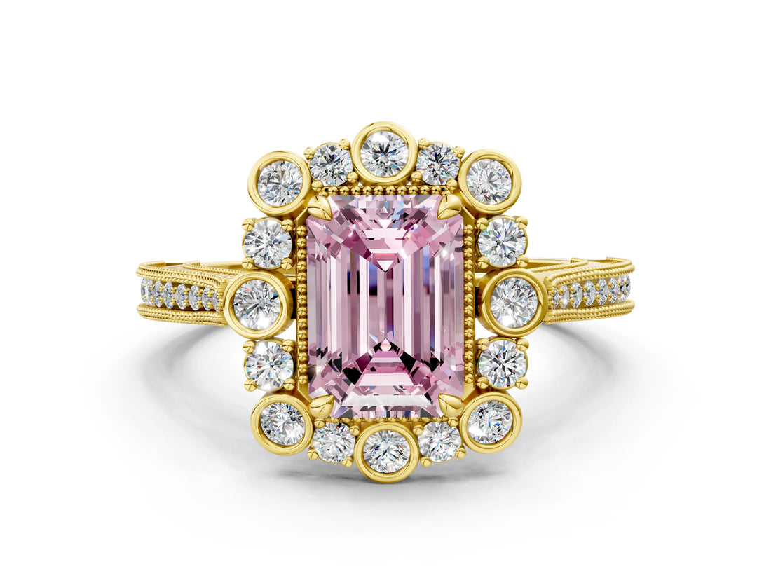 Yellow gold Fancy Pink Emerald  Halo Milgrain Pave Diamond Ring with Four-Prong Setting 1