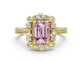 Yellow gold Fancy Pink Emerald  Halo Milgrain Pave Diamond Ring with Four-Prong Setting 1