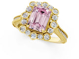 Yellow gold Fancy Pink Emerald  Halo Milgrain Pave Diamond Ring with Four-Prong Setting 2