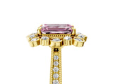 Yellow gold Fancy Pink Emerald  Halo Milgrain Pave Diamond Ring with Four-Prong Setting
