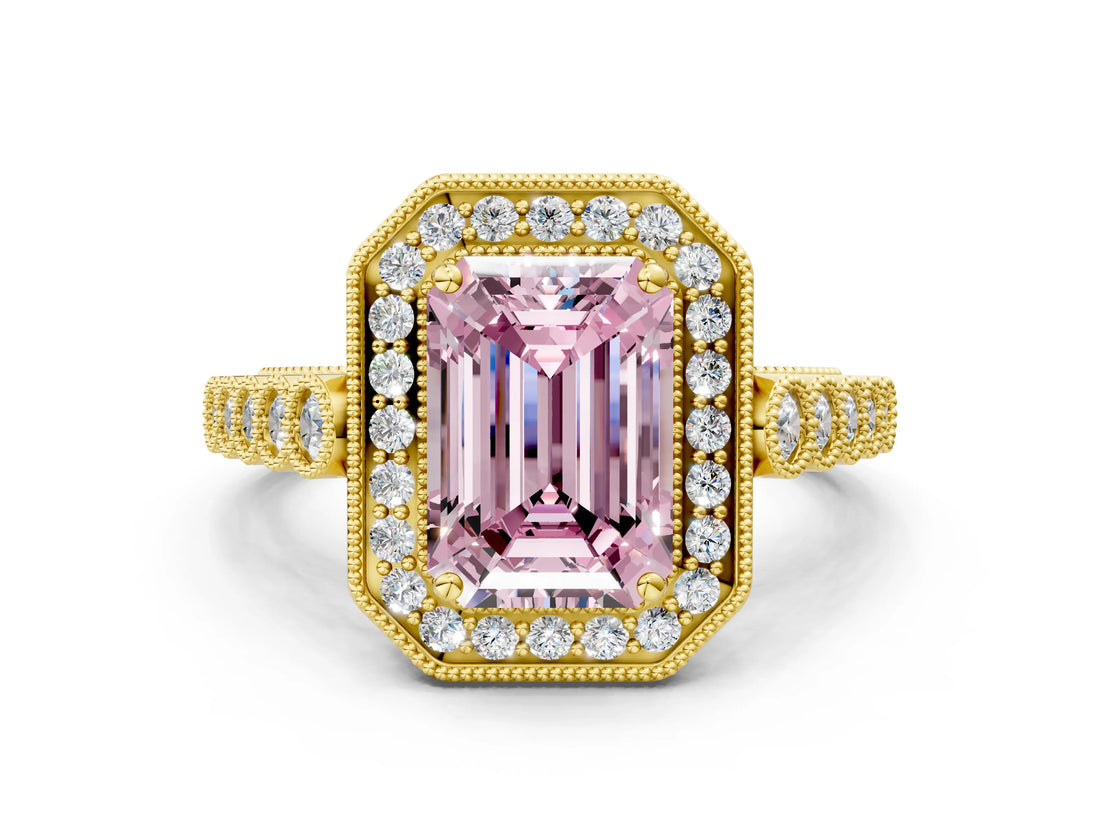 Yellow gold Fancy Pink Emerald  Halo Milgrain Solitaire with Bezel Set Side Stones and Pave Band_32