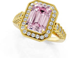 Yellow gold Fancy Pink Emerald  Halo Milgrain Solitaire with Bezel Set Side Stones and Pave Band_33