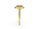 Yellow gold Fancy Pink Emerald  Halo Milgrain Solitaire with Bezel Set Side Stones and Pave Band_34