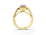 Yellow gold Fancy Pink Emerald  Halo Milgrain Solitaire with Bezel Set Side Stones and Pave Band_35
