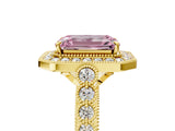 Yellow gold Fancy Pink Emerald  Halo Milgrain Solitaire with Bezel Set Side Stones and Pave Band_37