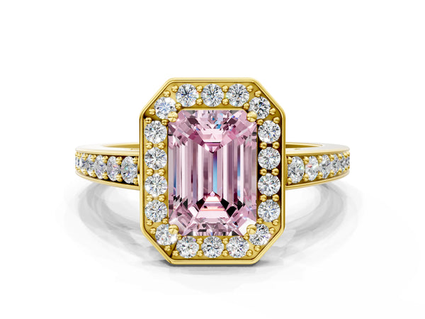Yellow gold Fancy Pink Emerald  Halo Pavé Diamond Engagement Ring with Bezel Setting
