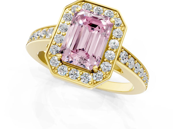 Yellow gold Fancy Pink Emerald  Halo Pavé Diamond Engagement Ring with Bezel Setting