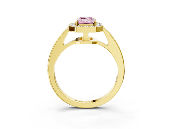 Yellow gold Fancy Pink Emerald  Halo Pavé Diamond Engagement Ring with Bezel Setting