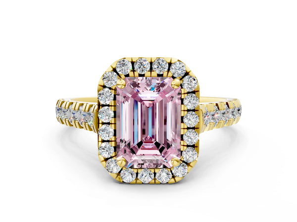 Yellow gold Fancy Pink Emerald  Halo Pavé Diamond Engagement Ring with Four-Prong Setting