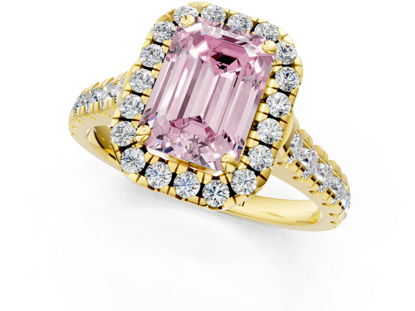 Yellow gold Fancy Pink Emerald  Halo Pavé Diamond Engagement Ring with Four-Prong Setting